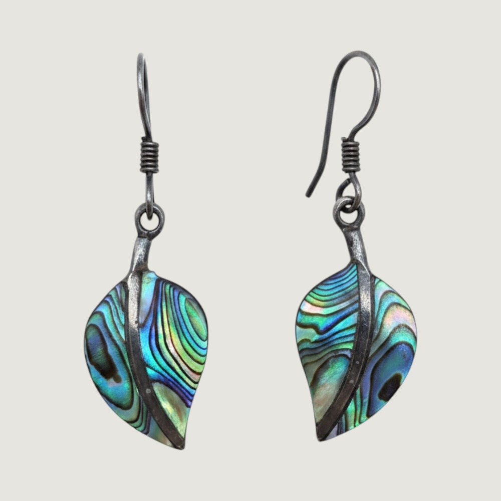 Vintage 925 Sterling Silver Abalone Shell Leaf‎ Dangle Earrings Iridescent Boho